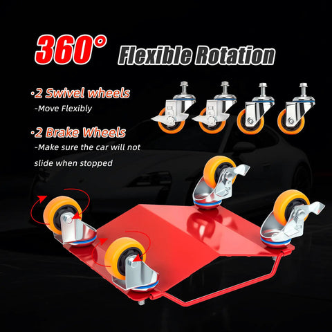 Heavy Duty 5500 Lbs Car Wheel Dolly Set With Anti Skid Plates And 360 Swivel Wheels showing 360-degree flexible wheel rotation.