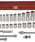 Three Eighths Inch Drive Socket Set Thirty One Piece Six Point Standard And Deep Sockets With Ratchet For Auto Repair And DIY Gearhead Must Have A Durable Steel Tool Kit For Home Garage displayed with red case