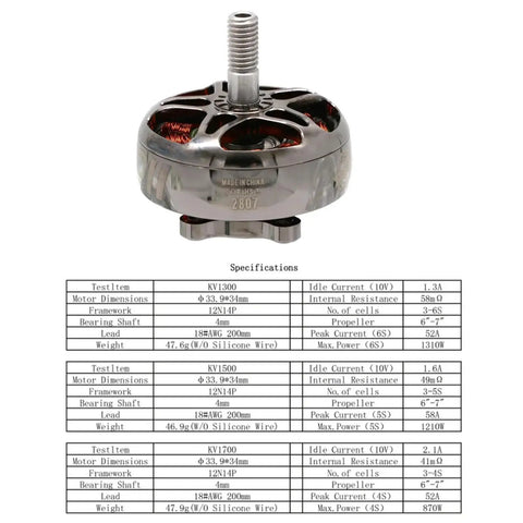 Set Of Four Boss Level Brushless Motors For Rc Fpv Racing Quads 2807 Frame 1500 Kv with specifications and dimensions.