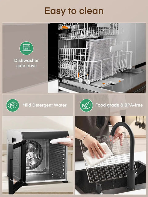 Pro Level Electric Food Dehydrator With Ten Roomy Stainless Trays easily cleaned with dishwasher safe trays and mild detergent.