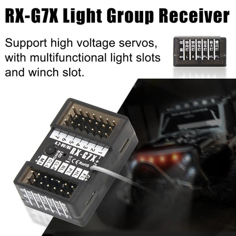 RX-G7X light group receiver and RC off-road vehicle with 7 Channel RC Transmitter With Built In Receiver And All In One Light Control System Plus 12 LED Light Set 2 4GHz Radio Remote Controller For RC Cars Crawler Trucks Buggy Off Road On Road Boats Tanks Golden.