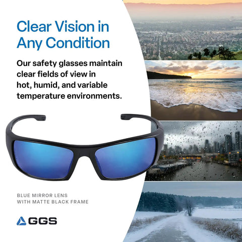Dorado Safety Glasses With Dual Lenses ANSI Z87 Plus Blue Light Blocking UV Protection And Anti Scratch Coating Blue Revo Lenses Matte Black Frame in various weather conditions.