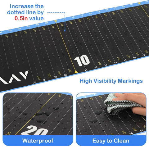 Close-up of 53 Inch Waterproof Fish Ruler Tape with Bump Board showing high visibility markings, waterproof material, and easy cleaning.