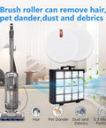 Diagram showing Shark Vertex DuoClean PowerFin Upright Vacuum AZ2002 AZ2000 with soft brushroll and filters for cleaning debris.