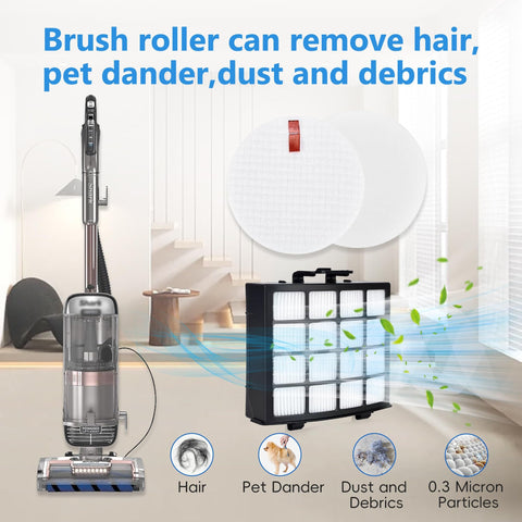 Diagram showing Shark Vertex DuoClean PowerFin Upright Vacuum AZ2002 AZ2000 with soft brushroll and filters for cleaning debris.