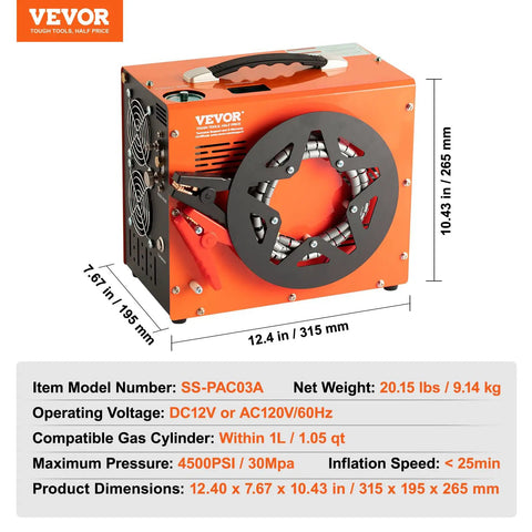 Heavy Duty Portable PCP Air Compressor Pump Crushes Four Thousand Five Hundred PSI, showing side view with dual display and handle.