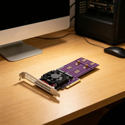 Kickstart Desktop Upgrade With This Dual Bay M.2 NVMe Enclosure Feature PCI Express 4.0 Riser Card on a wooden desk.