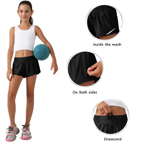Girl wearing Girls Athletic Shorts With Liner Quick Dry Lightweight Running Shorts For Active Workouts Built In Mesh Liner Black Size S7Y