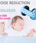 Kid Friendly Baby Hearing Protection Earmuffs Noise Eliminating Adjustable Elastic For Cozy Quiet Sleep And Safe Hearing Health Designed For Restful Nights And Gentle Hearing Support Blue For Babies, shown next to sleeping baby in white bed.