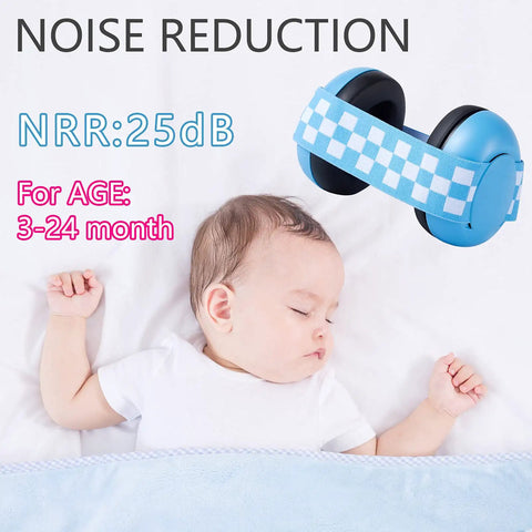 Kid Friendly Baby Hearing Protection Earmuffs Noise Eliminating Adjustable Elastic For Cozy Quiet Sleep And Safe Hearing Health Designed For Restful Nights And Gentle Hearing Support Blue For Babies, shown next to sleeping baby in white bed.