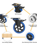 4-pack 5-inch blue polyurethane swivel caster wheels with brakes and top-plate for furniture