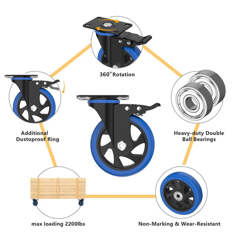 Diagram of 4 Inch Caster Wheels with Brake, showing 360° rotation, heavy-duty double ball bearings, and rugged steel housing features.