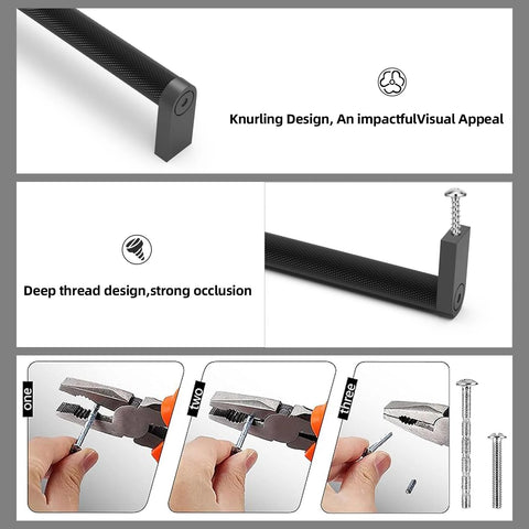 Matte Black Cabinet Pulls Set 10 Pack With Knurled Handles 5 Inch Hole Centers installation process with screws and tools