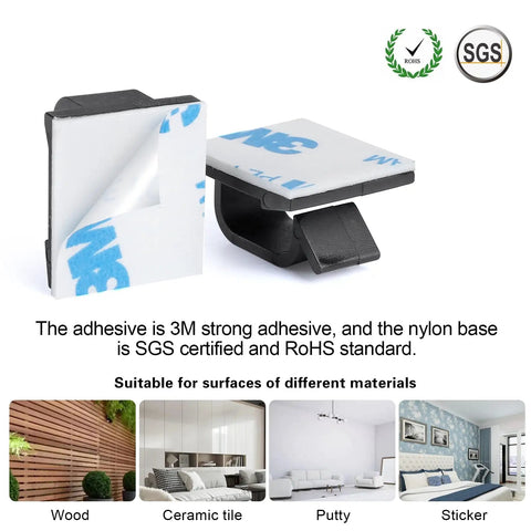 Adhesive Cable Clips 120 Pcs Black, Heavy Duty Wire Organizer showing adhesive backing and nylon base suitable for various surfaces