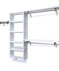Heavy Duty Solid Wood Closet Storage Rack With Wide Shelves And Hanging Rods Straight Up Kickin Up Your Reach In Space Cut To Fit Any Pantry Or Laundry Closet White mounted on wall with multiple shelves and rods.