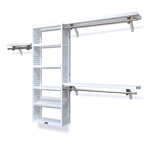 Heavy Duty Solid Wood Closet Storage Rack With Wide Shelves And Hanging Rods Straight Up Kickin Up Your Reach In Space Cut To Fit Any Pantry Or Laundry Closet White mounted on wall with multiple shelves and rods.