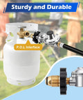 12 Ft Two Stage Propane Regulator Hose With Three Eighths Inch Female Port Freeze Resistant For RV Grill Gas Stove And Generator shown installed on a propane tank.
