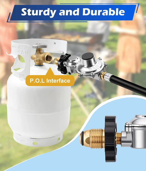 12 Ft Two Stage Propane Regulator Hose With Three Eighths Inch Female Port Freeze Resistant For RV Grill Gas Stove And Generator shown installed on a propane tank.