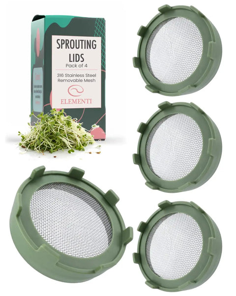 Sprouting Lids For Wide Mouth Mason Jars Set Of 4 with microgreens and packaging, 316 Stainless Steel Mesh Strainer Lids in Sage Green