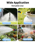 Collage of 2 Gallon Electric Garden Sprayer with Rechargeable Battery USB Power used for weed killer, cleaning, fertilizing, watering.