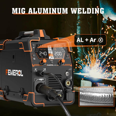 All In One 6 In 1 Welding Machine For Home DIY Pros Gas MIG Flux MIG Plasma Cut HF TIG Stick And Spot Weld 110 220V Dual Voltage Aluminum Welder in use showing welding sparks.
