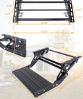 One Step Manual Foldable Step For Campers And Trailers, 1 Step Aluminum Alloy Retractable Stair With Thickened Steel Plate, Non Slip Surface, 440 Lbs Load Capacity, Black, Beefy Built For Campers And Travel Trailers, folded and open dimensions shown