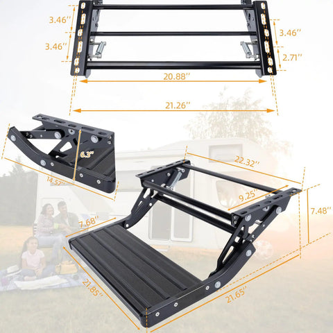 One Step Manual Foldable Step For Campers And Trailers, 1 Step Aluminum Alloy Retractable Stair With Thickened Steel Plate, Non Slip Surface, 440 Lbs Load Capacity, Black, Beefy Built For Campers And Travel Trailers, folded and open dimensions shown