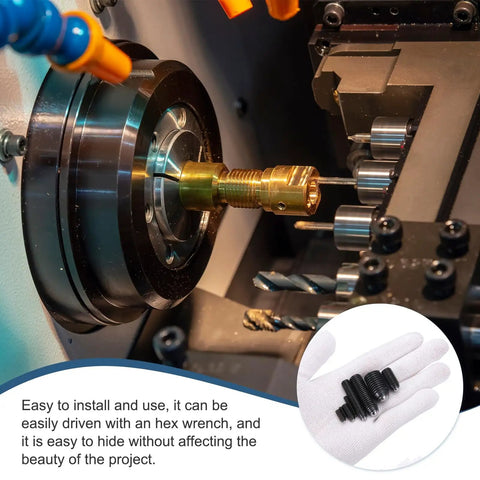 M5x10mm Carbon Steel Black Hex Socket Ball Point Spring Plunger Set Screws displayed in workshop setting with tools.