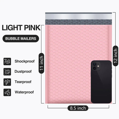 Image of a Light Pink Bubble Mailers 8.5x12 Inch 25 Pack Padded Envelopes Self Seal Waterproof Opaque Pro Grade Shipping Bags.