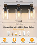 Give Your Mirror Space A Major Glow Up With This Three Bulb Bathroom Vanity Light In Matte Black And Raw Wood Grain Secured By Rock Solid Steel Mounts For Straight Up Rustic Charm, dimensions and compatibility details.
