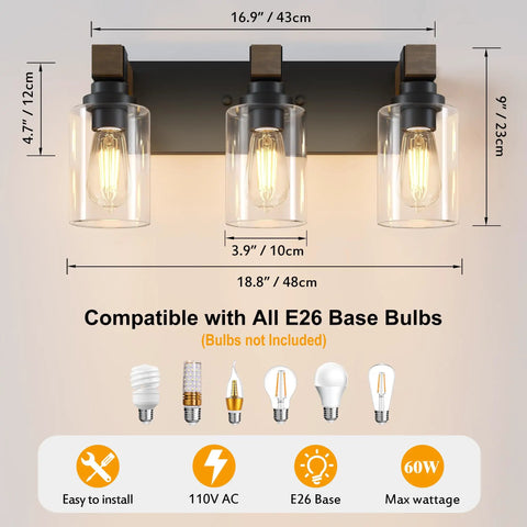 Give Your Mirror Space A Major Glow Up With This Three Bulb Bathroom Vanity Light In Matte Black And Raw Wood Grain Secured By Rock Solid Steel Mounts For Straight Up Rustic Charm, dimensions and compatibility details.