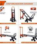 Diagram showing Three In One Industrial Convertible Hand Truck With 1000 Lbs Capacity in two-wheel, four-wheel tilt, and four-wheel modes.
