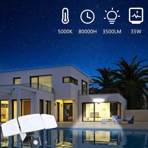 Plug In Outdoor Flood Light With Motion Sensor And Remote Control illuminating a modern house exterior at night, 3500 Lumens