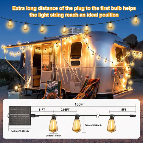 100Ft Solar String Lights Outdoor Waterproof With Remote And Timer illuminating a trailer at night, diagram below