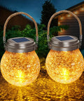 Outdoor Solar Lanterns 2 Pack IP65 Waterproof Hanging Lights With Warm Amber and RGB Glow Crackle Glass Ball Globes for Patio