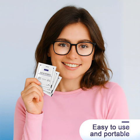 Pikabeast 200-count lens wipes packets held by smiling woman with black-framed glasses