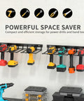 Heavy Duty Drill Storage Rack 2 Pack Wall Mounts That Hold Four Drills, Metal Construction For Garage And Workshop Organization.