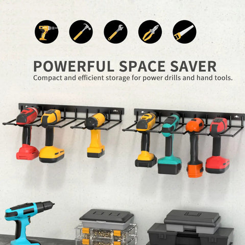 Heavy Duty Drill Storage Rack 2 Pack Wall Mounts That Hold Four Drills, Metal Construction For Garage And Workshop Organization.