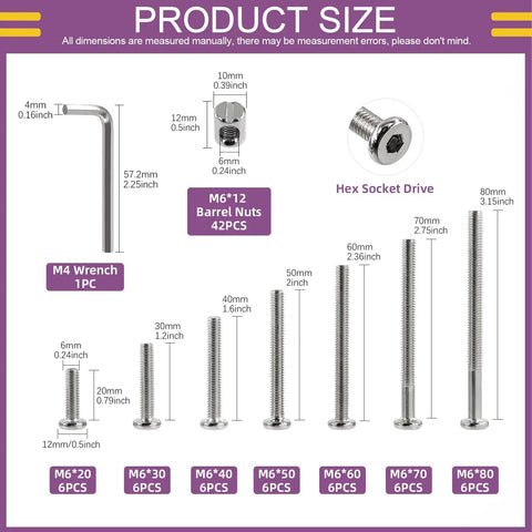 No Fuss Premium Heavy Duty M6 Screws Kit Featuring Barrel Nuts Allen Wrench Hex Socket Head Caps for furniture reassembly size chart