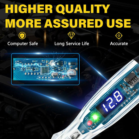 Upgraded Automotive Buzzer Test Light 4-72V DC Circuit Tester With Anti-Lost Needle Guard, Integrated Protection, Portable LED Indicator, Easy Carry Vehicle Electrical Diagnostic Tool showing digital display and LEDs