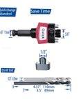 Fast Change Hole Saw Mandrel With 7/16 Inch Shank Quick Connect Arbor 9/16 To 10 Inch Hole Saws, adapter, bits shown.