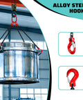 SENKEYFE 3-ton four-leg chain sling with 1/4 in x 5 ft chains and red alloy steel hooks lifting a metal drum.