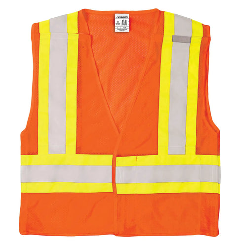 Men's High Vis Reflective Breakaway Safety Vest With Contrast Mesh And Quick Hook Closure Ansi Class Two Jobsite Ready Traffic Control Utility Gear Lime Orange Trim Real Big Size Built Tough front view showing reflective trim.