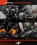 Images illustrating engine issues: oil leaking, engine bay smoking, burning oil smell, and PCV valve failing for N55 engine.