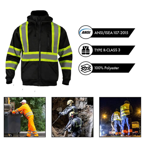 High Visibility Hoodie For Men With Reflective ANSI Class 3 Safety, detachable hood, shown with construction workers in various settings.
