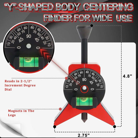 Pipe center finder, red Y-type with magnetic legs and adjustable dial protractor; measures 1.5–6 in pipe diameter.