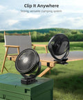 8 Inch Clip On Fan With 10000mAh Battery, All Day Cordless Power, Strong Airflow on green box and wooden chair outdoors