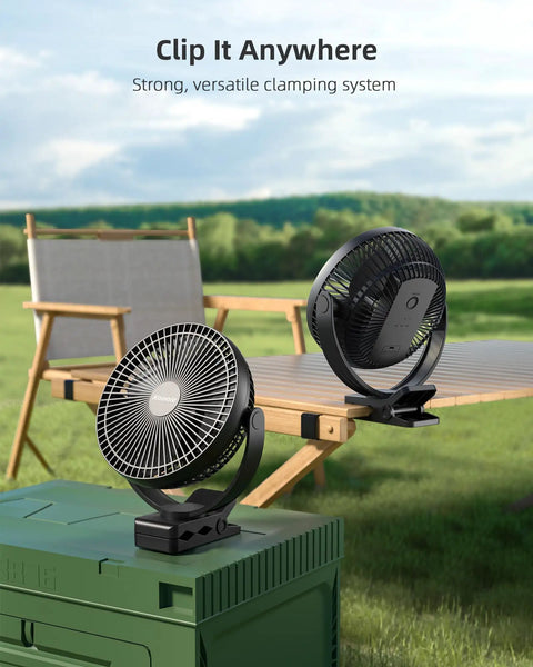 8 Inch Clip On Fan With 10000mAh Battery, All Day Cordless Power, Strong Airflow on green box and wooden chair outdoors