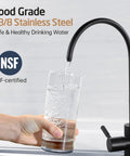 Knockout Matte Black Reverse Osmosis Kitchen Faucet pouring water into a glass, NSF Certified Lead Free Drinking Water Tap.