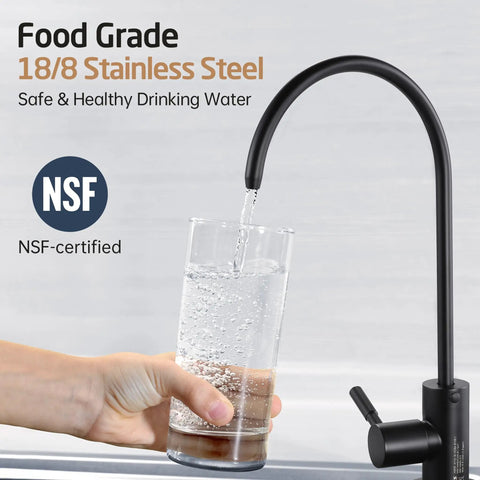 Knockout Matte Black Reverse Osmosis Kitchen Faucet pouring water into a glass, NSF Certified Lead Free Drinking Water Tap.